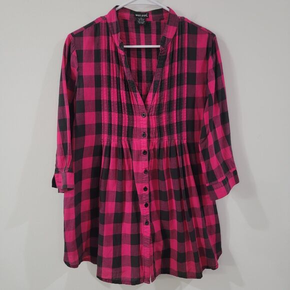 Y2K Vintage Wet Seal Womens Button Up Top Size XL Hot Pink Plaid Babydoll - Picture 1 of 6